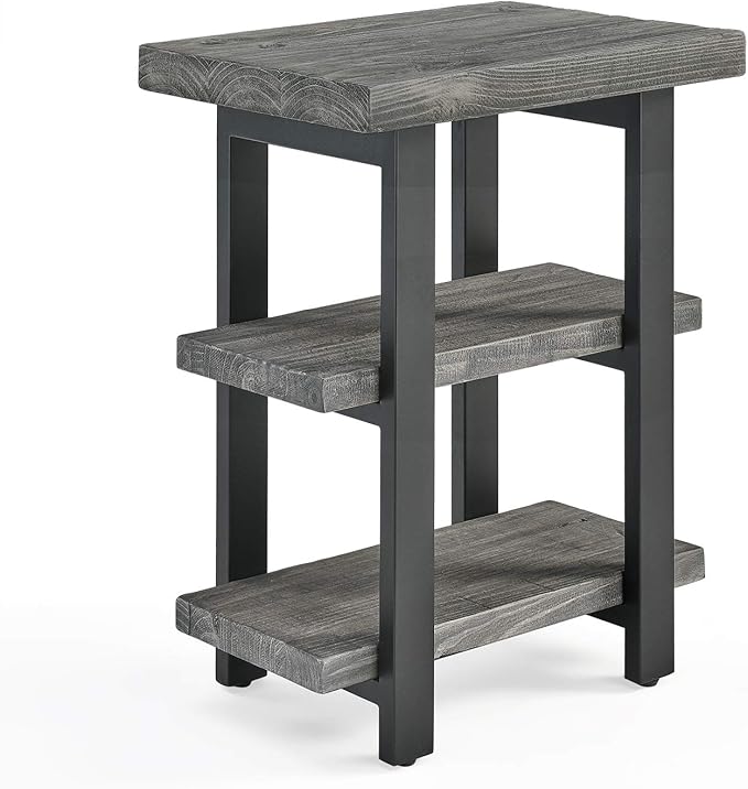Alaterre Furniture Pomona Solid Wood 3-Tier End Table, Slate Grey, 20” | Small Side Table or Nightstand with Storage Shelf and Metal Legs, Rustic Farmhouse Chair Side Table for Living Room & Bedroom