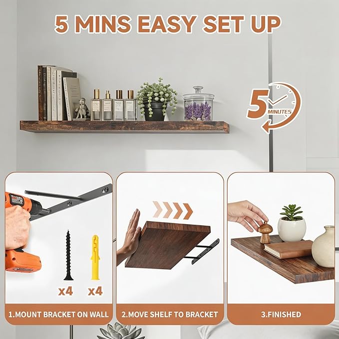 LifetimeWarranty Easy Install Floating Shelves,15.7 Inch Wall Mounted Wooden Floating Shelves, Small Wall Shelf for Storage&Home Decor, Living Room, Kitchen, Office, Corner Shelf for Bathroom,Set of 3