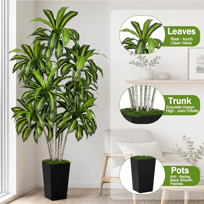 Dracaena Plant Artificial Tree 7Ft Tall Fake Tropical Floor Plants Potted (Real Touch) Artificial Silk Tree Leaf Faux Trees Black Tall Planter for Home Office Living Room Indoor Outdoor Decor