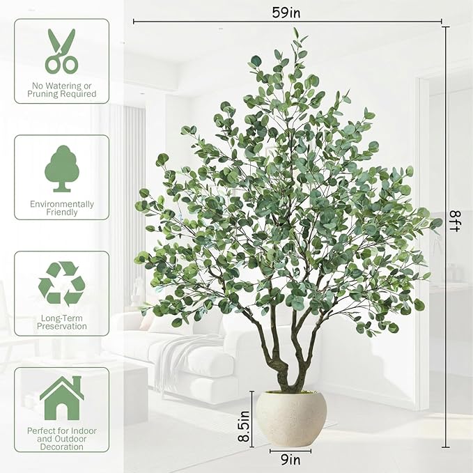 Caxchiling Large Artificial Eucalyptus Tree 8FT, Indoor Outdoor Faux Tree | Natural Trunk with White Planter for Home Office Living Room Front Door Decor
