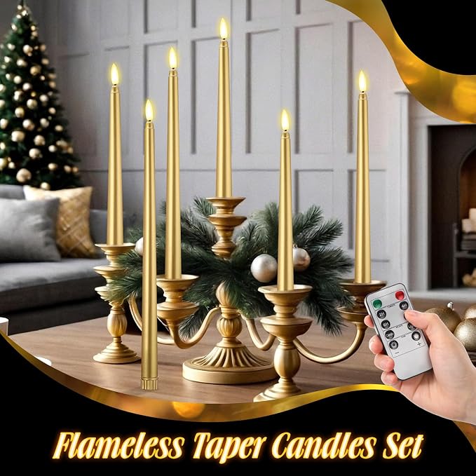 Rossesay 28 Pcs Flameless Taper Candles with Timer Remote 4 Sizes of 8.5", 9.6", 10.83", 12.8" LED Flickering Taper Candles Battery Operated for Valentine's Day Church Wedding Home Decor(Gold)