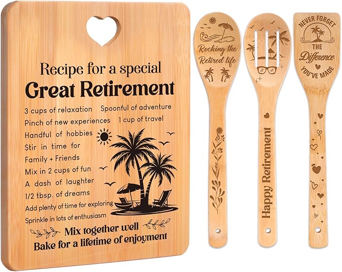 Retirement Gifts for Woman/Men 2026, Happy Retirement Bamboo Cutting Board Set for Colleagues, Coworker, Friend, Teacher, Boss, Parents, Family - Recipe for a Special Great Retirement.