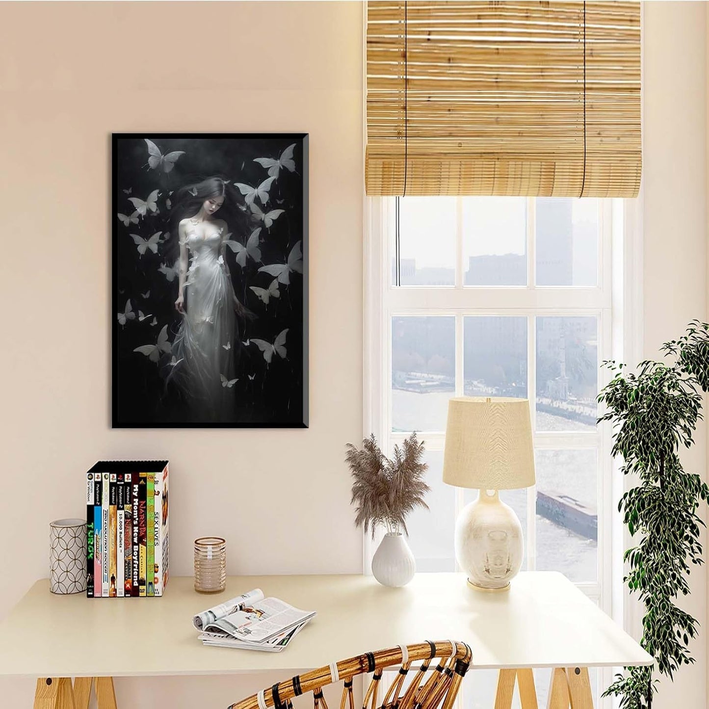 JFHCQJPK Vintage Gothic Feminine Canvas Wall Art Print Butterfly Poster Moody Female Wall Art Retro Artwork Dark College Decor for Home Bedroom24x36in Metal blackFramed