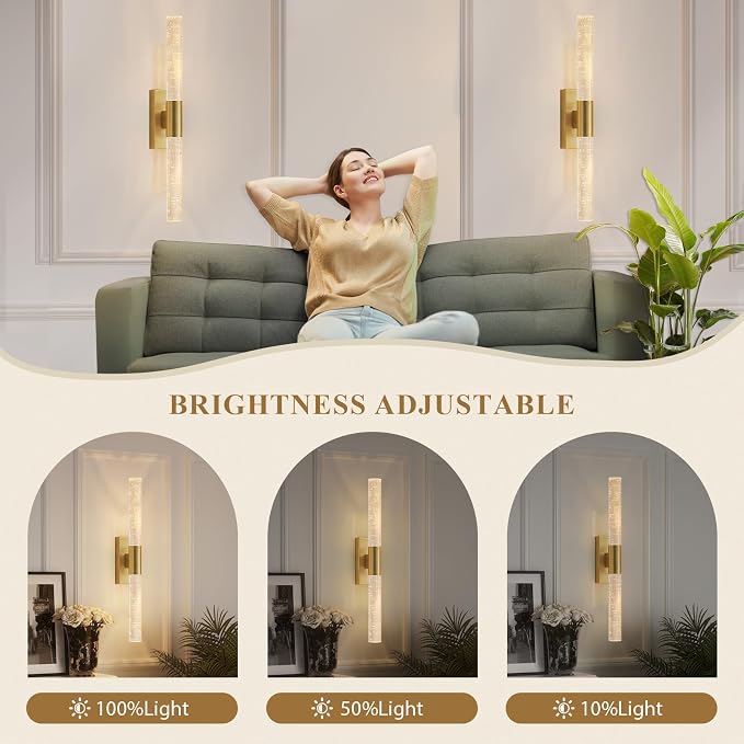 camuucci Battery Operated Wall Sconces Set of 2 Rechargeable Battery Powered Wall Light with 12000mAh Not Hardwired Dimmable Wall Lamp Fixtures for Bedroom Living Room Gold 20.9 Inches
