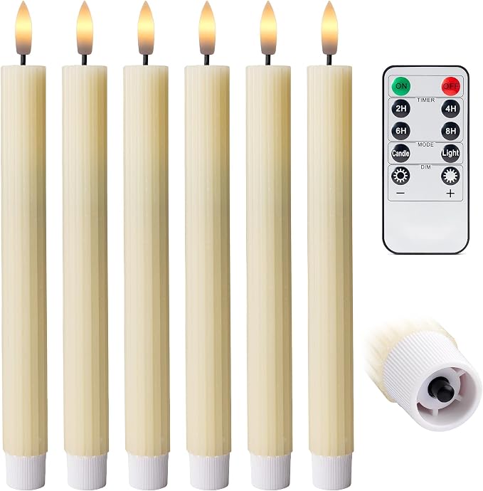 6 Pack, 10" LED Flameless Real Wax Ivory Fluted Ribbed Grooved Taper Candles, Remote & 24h Timer Memory, On/Off Button, Dimmable, Flicker Mode, Battery Operated, Wedding