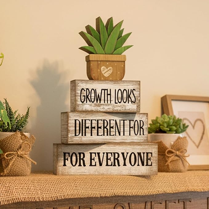 Lineshading 4 Pcs Inspirational Farmhouse Table Decor Growth Looks Different for Everyone Rustic Stacked Wooden Block Signs with Inspirational Quote Artificial Succulent for Home, Office, Shelf Gift