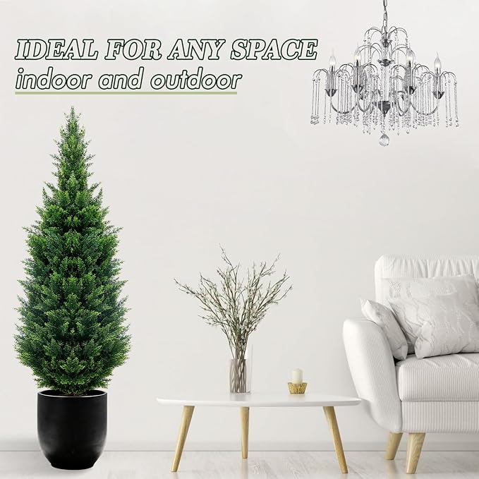 5Ft Artificial Cedar Topiary Trees (2-Pack) - UV Resistant Fake Shrubs with Ground Spike for Outdoor & Indoor Use, Front Porch, Garden Decor