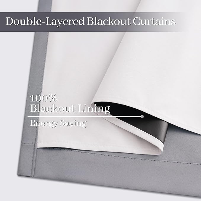 Yakamok Grey Room Darkening 100% Blackout Curtains Grommet Window Treatments with 2 Thick Layers-Gray Thermal Insulated Drapes Set of 2 Panels for Bedroom Living Room 52 Inches by 84 Inches Length