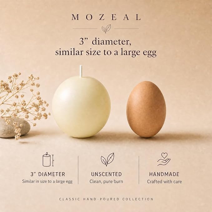 MOZEAL Hand-Poured, 3 Inch Ivory Round Ball Candles - Elegant Cream Round Pillar Candles Set of 3, Dripless, Unscented, Smokeless, Ideal for Weddings and Elegant Celebrations