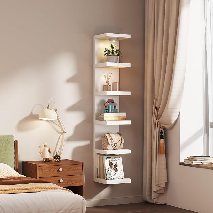 6-Tier Wall Shelf Unit with USB Rechargeable Led Light (Remote Controlled),Versatile Floating Display Shelves,Lack Style Wall Shelves for Bedroom,Living Room,Office Decor,Vanity-White