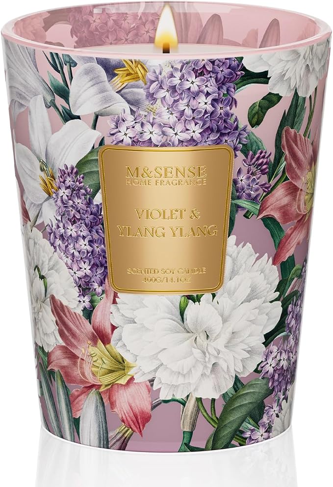 M&SENSE Violet Ylang Ylang Soy Candle, 14.1oz, Floral Calm Scent | 60H Slow Burn, Non-Toxic, Romantic Meditation Room, Bathtub Relax, Stress Relief, Relaxing Gifts for Women
