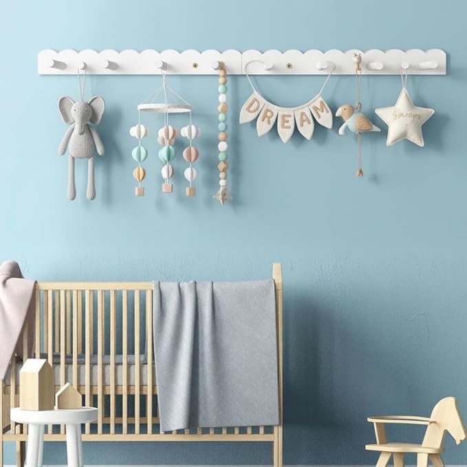 Leinuosen 2 Pack Scalloped Coat Rack Wall Mount Cute Nursery Wall Hook 16 Inch 8 Hooks Wood Backpack Hanger for Toddler Kids Clothes Hat Towel Keys Bathroom Classroom Playroom Nursery Decor