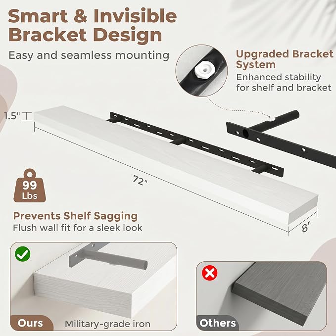 72 Inch Floating Shelves for Wall, 8"D Wood Storage Shelves, White Finish | Engineered Wood, Invisible Bracket, Large Storage, Easy Install, Hold Up to 99lbs, Living Room, Bathroom, Bedroom, Kitchen