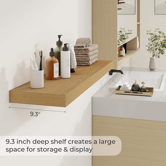 Dreamland 40Inch Floating Shelves 9.3" Deep Wall Mounted Set of 2 Oak | Wall shelves for bathroom, bedroom, Living Room, kitchen, deep wall mount wood storage display for home decor 40" x 9.3"
