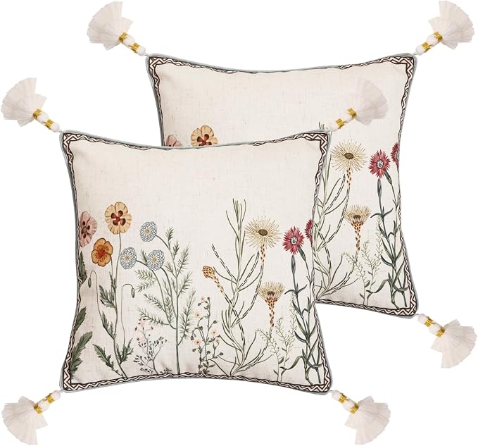 ISAENNE Designer Linen Throw Pillow Cover,Set of 2,18"x18"-Serenity D | Vintage French Elegant Square Decor Pillow Cover,Concealed Zipper Design,Light Beige,Sofa,Bedroom,Living Room,Chairs