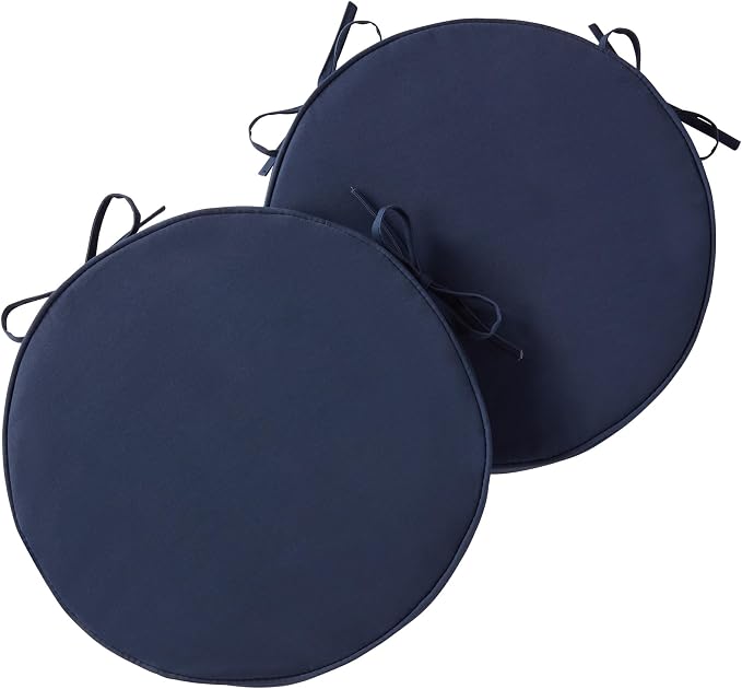 Set of 2 Outdoor 18 inch Round Patio Dining Chair Pads – Comfortable Fiber-Filled Seat Cushions with Ties, Reversible Polyester Fabric, Navy