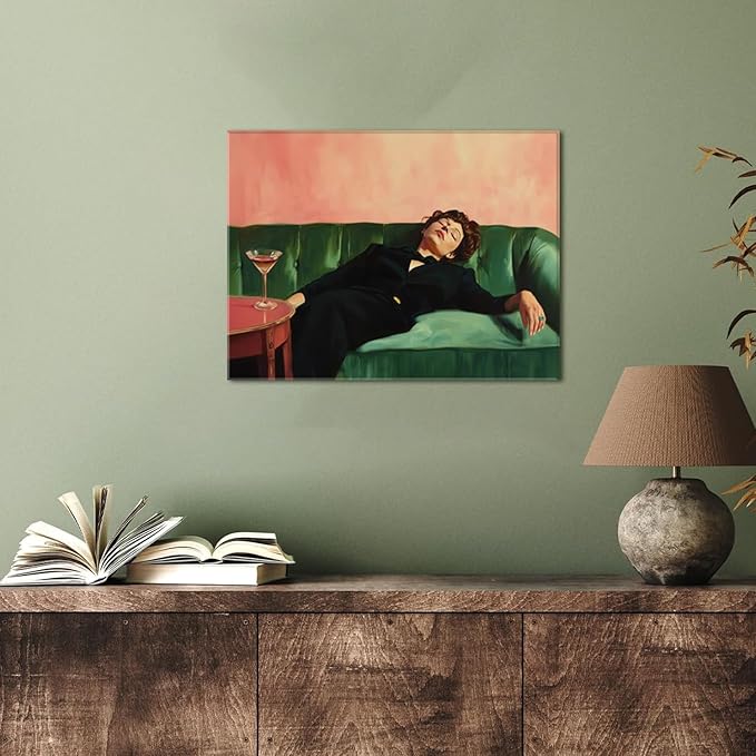 Vintage Woman Wall Art Funky Victorian Lady Lying on Couch Canvas Prints Moody Painting Poster Eclectic Aesthetic Wall Decor Picture Home Decor for Girly Bedroom Living Room 12X16Inch Framed