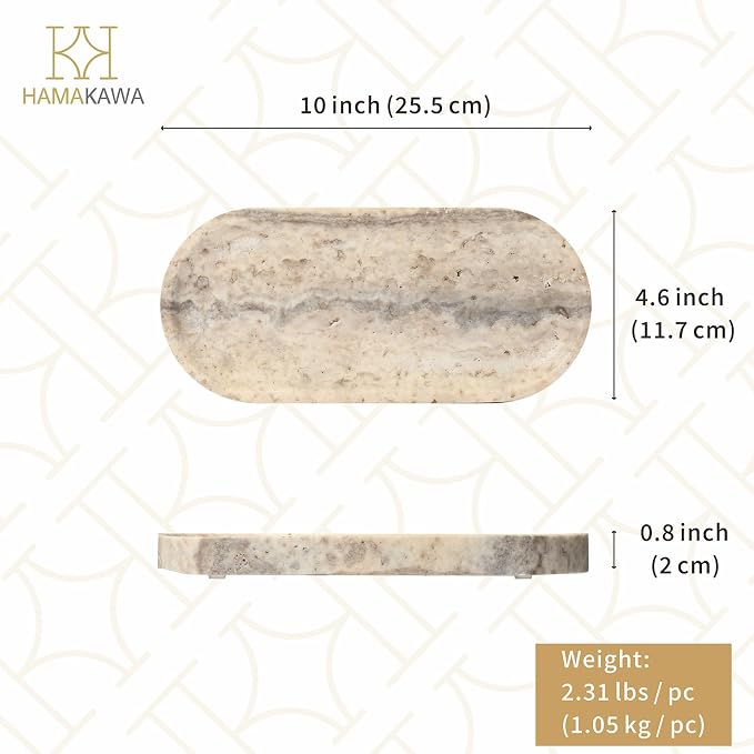 Bathroom Vanity Tray, Natural Marble Oval Tray 10 inch, Light Grey Travertine Vanity Tray for Soap Dispenser Modern Countertop Organizer for Kitchen Countertops, Home Decor