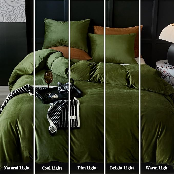 WARMDERN Olive Green Flannel Velvet Duvet Cover King Size Duvet Cover Bedding Sets, 3pcs Ultra Soft Luxury Textured Modern Crystal Velvet Duvet Covers with Zipper Closure(Olive Green, King)