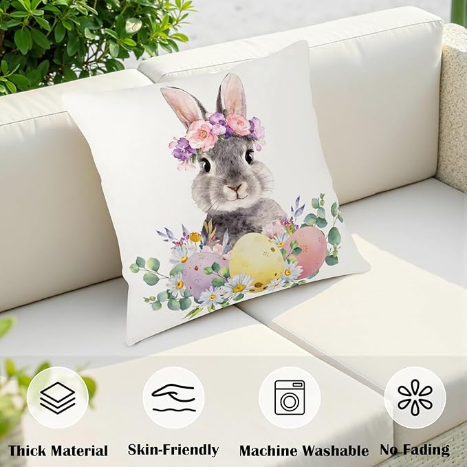 Lovely Bunny Throw Pillow Covers Spring Easter Pillow Covers Daisy Floral Colorful Easter Eggs Pillow Cases 22x22 Set of 2 Watercolor Rabbit Cushion Cases for Farmhouse Outdoor