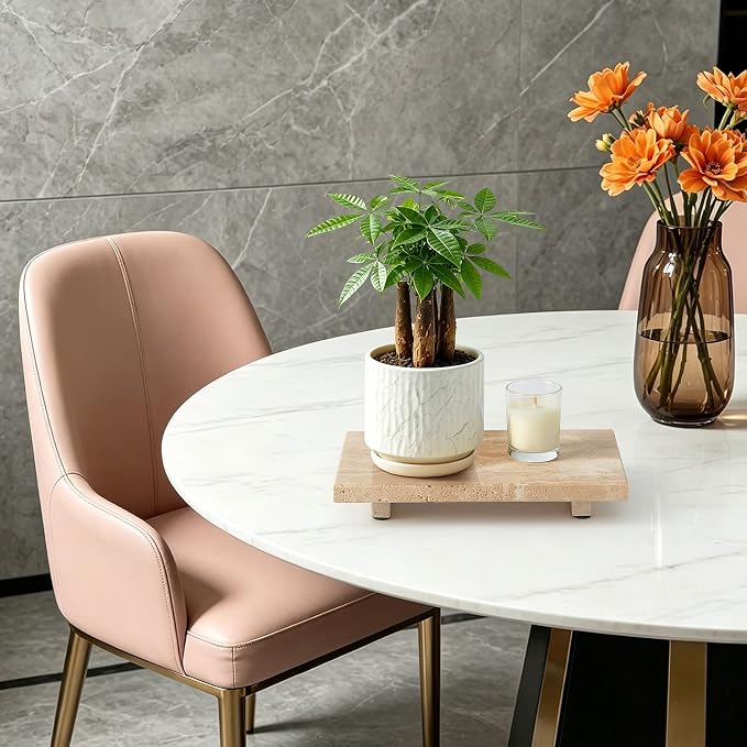 Natural Travertine Tray Pedestal Stand – Soap & Jewelry Riser for Bathroom Counter, Kitchen Sink, Vanity Organizer, Decorative Stone Catchall for Perfume, Candles