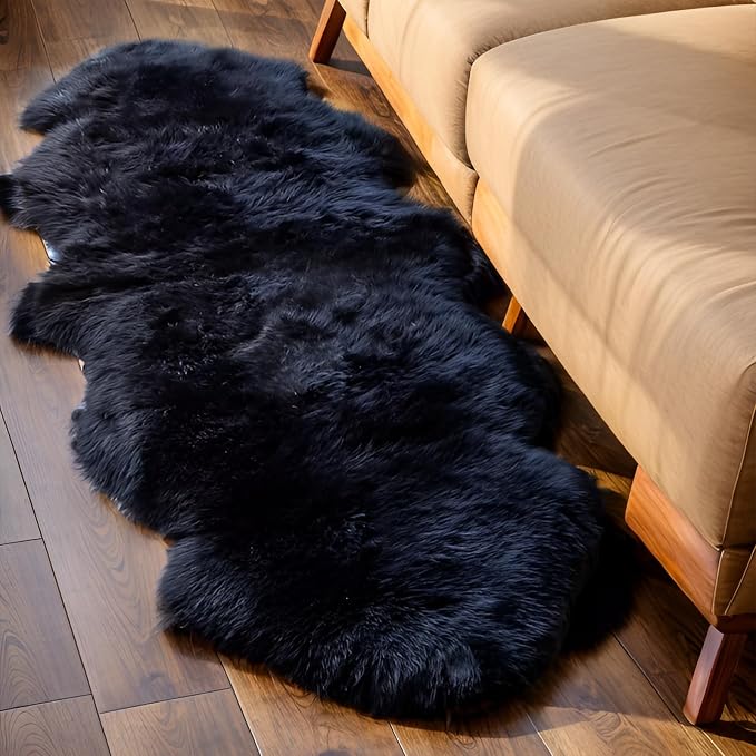 AOGELAN Area Rugs, Genuine New Zealand Sheepskin Rug, Soft Fur Throw Rug (Black, Double Pelt/2FT*6FT)