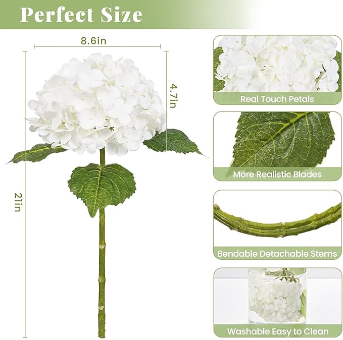 MARTINE MALL 5Pcs 21in Hydrangea Artificial Flowers, Latex Real Touch Hydrangeas Lifelike Large Hydrangea Flowers for Home Decor Party Arrangements Wedding Bouquets Centerpieces (White)