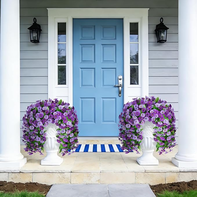 INXUGAO Artificial Fake Hanging Flowers Plants for Outdoor Decoration, 2PCS Faux Silk Morning Glory Long Vines Stems UV Resistant Look Real for Spring Summer Outside Home Porch Patio, Purple