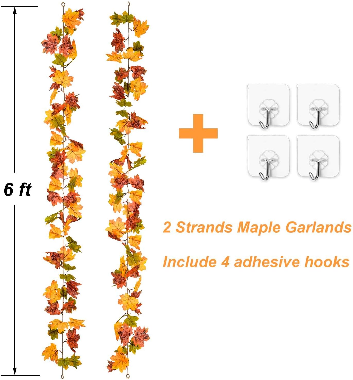 Lvydec 2 Pack Maple Leaves Fall Garland Clearance - 6ft/Strand Artificial Fall Foliage Garland Colorful Autumn Decoration for Home Wedding Party Thanksgiving