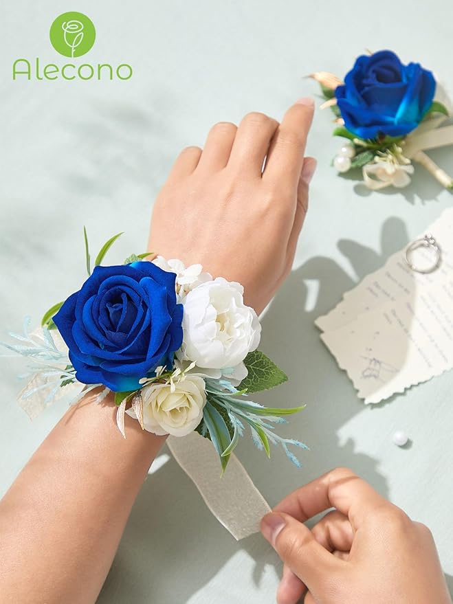 Alecono Navy Blue Corsage and Boutonniere Set, Rose Corsage Wristlet with Adjustable Ribbon and Boutonniere Supplies for Wedding Graduation Prom Flower Accessories Suit Decorations