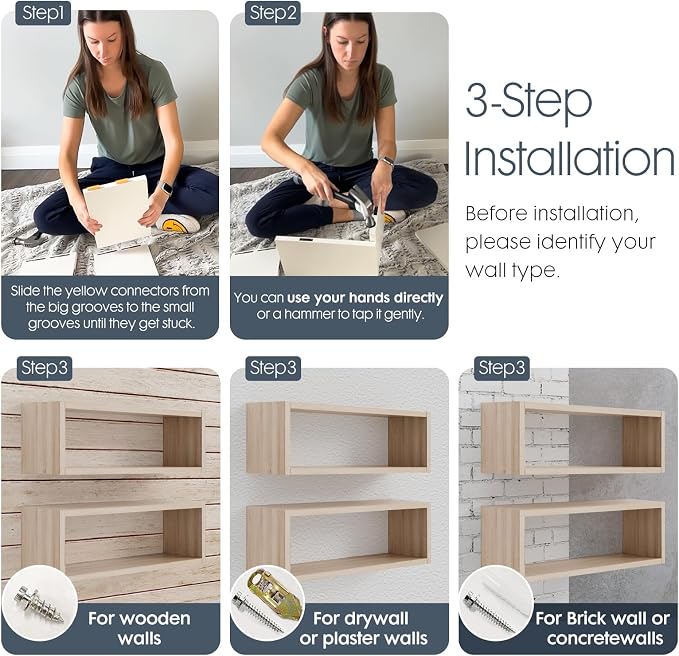 Kaboon 24in Floating Cube Shelves Set of 2, Display Shelves Wall Mount, Decorative Hanging Shelves for Kitchen Living Room Office,(Grey Oak, Rectangle 2 Cubes)