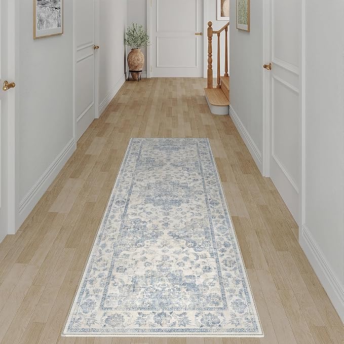 2x5 Washable Neutral Runner Rug Blue Vintage Hallway Kitchen Carpet Non-Slip Soft Low Pile Farmhouse Throw Rug for Bedroom Bathroom Laundry Living Room