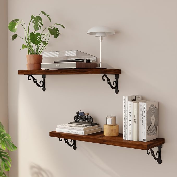 24 Inch 2 Tier Solid Wood Floating Shelves for Wall with Metal Brackets | 24 inch solid pine shelves, 2 tier, walnut finish, metal brackets for books, decor and home storage