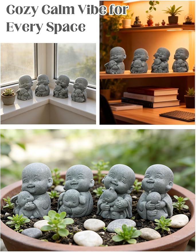 4PCS Buddha Statue, Laughing Buddha Bring Good Luck, Cute Small Zen Monk Feng Shui Decor, Sandstone Sculptures for Home and Aquarium Decor