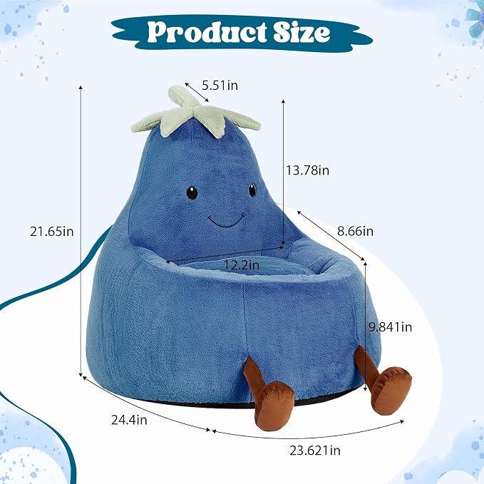 31 Inches Memory Foam Bean Bag Chair - Ultra Soft Faux Rabbit Fur Round Sofa with Handle & Machine Washable Cover, Eggplant-Shaped Kids Reading Chair for Bedroom, Living Room and Playroom, Navy