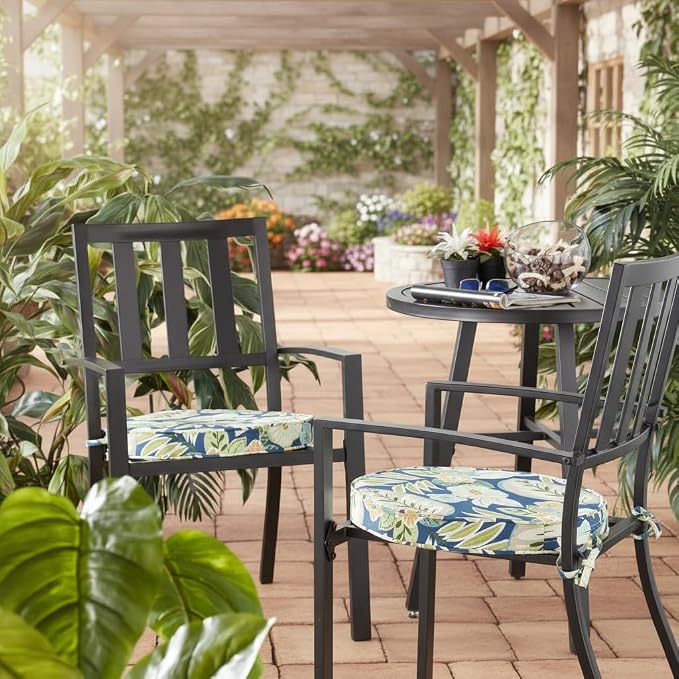 Set of 2 Outdoor 18 inch Round Patio Dining Chair Pads – Comfortable Fiber-Filled Seat Cushions with Ties, Reversible Polyester Fabric, Marlow Blue Floral
