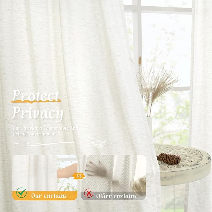 LAMIT Linen Semi Sheer Curtains 84 inch Long 2 Panels, Natural Ivory Soft Light Filtering Living Room Panels Rod Pocket Neutral Window Treatment Privacy Drapes for Bedroom/Farmhouse, 52 x 84 Inch