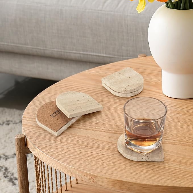 Marble Coaster for Drinks Set of 5 Natural Travertine Coasters for Home Decor Coffee Table, Modern Style Stone Cup Mat for Housewarming Party Hotel Bar Christmas Anniversary Present Beige(DL020)