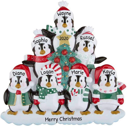 3D Penguin Family of 7 Ornament 2025 Personalized Family Christmas Ornaments 2025 | Snowy Tree Holiday Penguins Personalized Tree Ornaments for Grandchildren Siblings & Grandkids of Seven Ornament