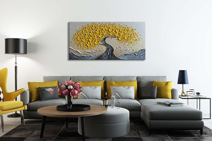 zoinart 3D Oil Paintings, 24"x48", Texture Yellow Tree Wall Art, Abstract Floral Painting Home Decorations Contemporary Art for Living Room Bedroom Office Kitchen Wall Decor