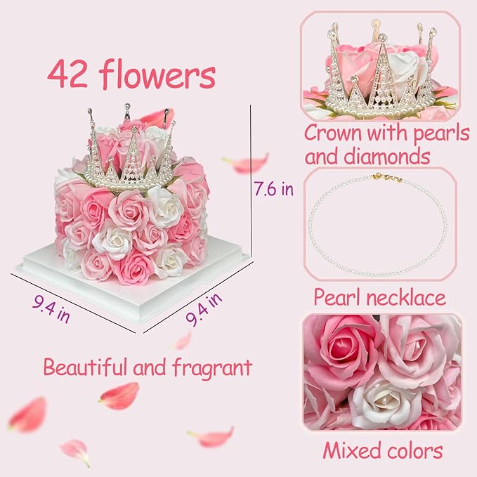 EIGHTOWN Forever Cake with Pink Preserved Flowers - Bouquet Preserved Roses for Women - Birthday Gift for Her with Crown (Pink)