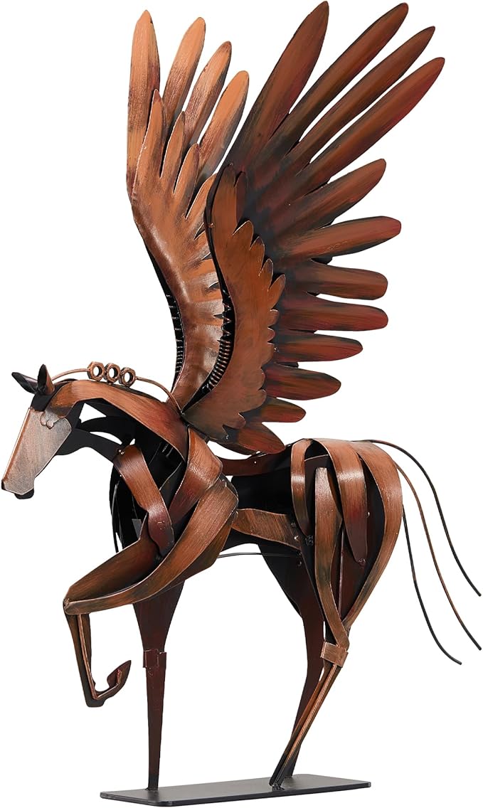 SunBlogs Art Horse Statue Décor Artwork, 24" H Handmade Metal Pegasus Greek Flying Horse Sculpture, Hand-Painted Animal Figurines for Home Living Room Office (Brown with Wings)