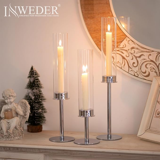Hurricane Taper Candle Holders: Silver Glass Candlestick Holder Tall Candle Sticks Holder Decor with Glass Cover for Wedding Table Centerpiece Party Birthday Christmas Home Mantel Set of 6