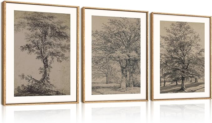 KAIRNE Vintage Tree Sketch Framed Canvas Wall Art Set, Antique Tree Drawings Wall Decor, Retro Forest Art Prints, Modern Nature Landscape Artwork for Living Room, Bedroom, Farmhouse, Office-12 x16 x3
