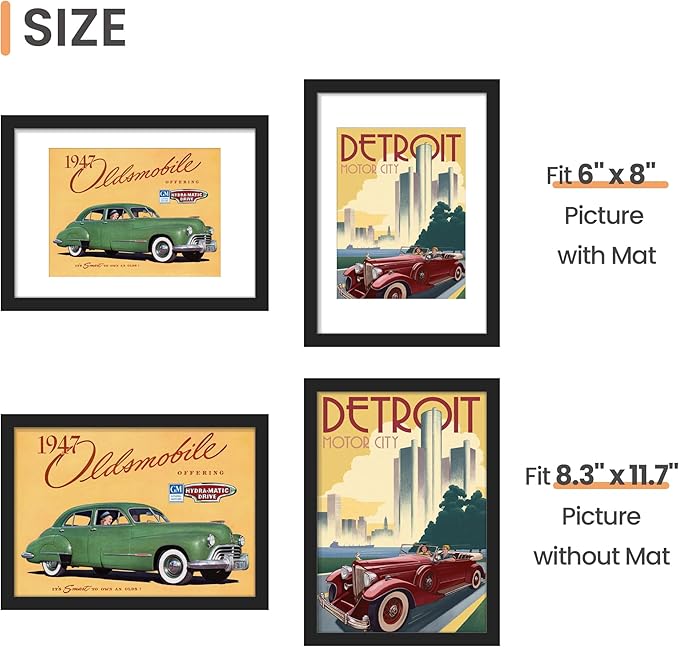 upsimples A4 Picture Frame Set of 5, Display Pictures 6x8 with Mat or 8.3x11.7 Without, Wall Gallery Poster Frames, Black