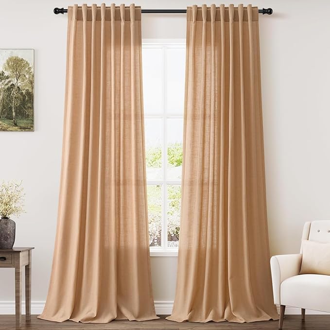 Nanspring Camel Linen Curtains for Living Room 98 Inches Long Back Tab and Rod Pocket Light Filtering Semi Sheer Vintage Rustic Curtain Luxury Boho Decor Drapes for Bedroom Office 52x98, 2 Panels