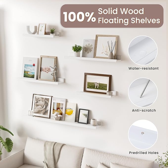 Acovy Long Floating Shelves for Wall, 48 inch Solid Wood Picture Ledge Shelf, Picture Shelf for Wall with Ledge, Floating Book Shelves for Living Room Bedroom Kitchen Nursery Decor, White, Set of 2