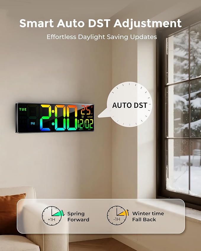 EASYERA 16.5" Large Digital Wall Clock with BT Sync, RGB Lights with 11 Scenes Mode Remote Control, Big LED Clock with Dual Alarms, Auto DST, Temperature for Classroom Gaming