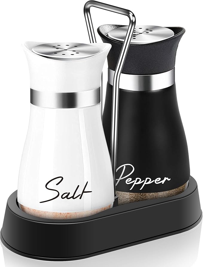 Salt and Pepper Shakers Set with Holder,4 oz Bottom Salt Shaker with Stainless Steel Lid for Kitchen Gadgets Cooking Table Housewarming Gift Christmas Decor Refillable Design (Black + White)
