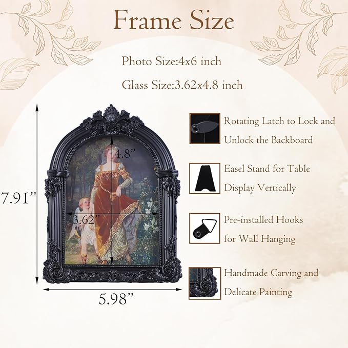 Black Antique Picture Frames 4x6 Ornate Arched Vintage Picture Frames with Glass Front for Wall Hanging and Tabletop Photo Gallery Wall Decor Vintage Home Decor